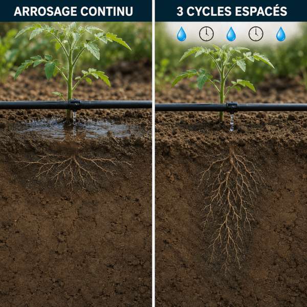 Comparaison entre un arrosage continu et trois cycles espacés sur un sol argileux